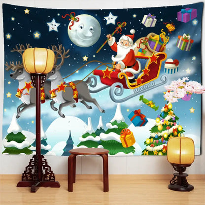 Festive decorbites™ santa claus tapestry with santa in red sleigh pulled by reindeer under starry night sky
