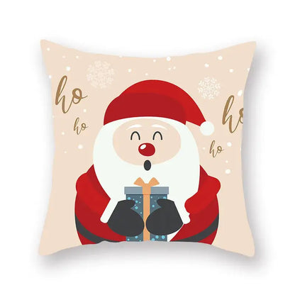 Beige DecorBites Christmas Santa elk pillowcase 45x45cm with cheerful Santa claus holding gift and snowflake patterns