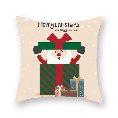 Beige decorbites christmas santa pillowcase featuring cartoon santa elk in gift box with merry christmas and happy new year text