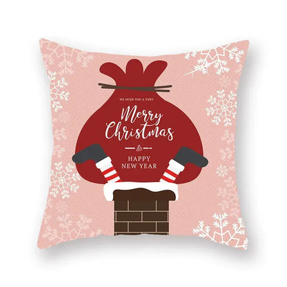 Pink decorbites christmas santa elk pillowcase featuring santa sacks illustration snowflakes and merry christmas text for sofa decor