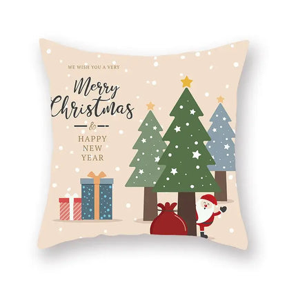 Beige DecorBites Christmas Santa elk pillowcase 45x45cm with festive pine trees Santa and Happy New Year text for sofa decor