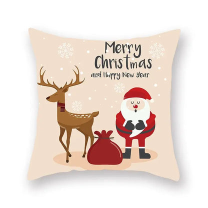 Beige decorbites christmas santa pillowcase featuring cartoon santa elk with reindeer and sack for sofa decor