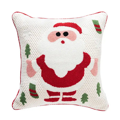 White cotton pillow cover with decorbites christmas santa snowflake embroidery featuring santa and pine trees