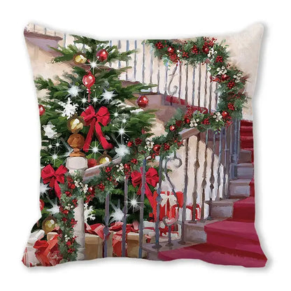 Square decorbites christmas short plush pillowcase 45x45cm with festive evergreen tree and red bows staircase decor