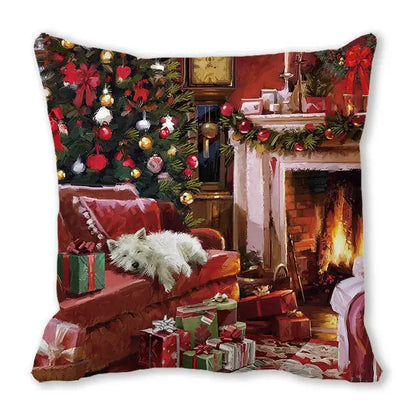 Decorbites christmas short plush pillowcase 45x45cm with cozy white dog on red armchair by tree and fireplace
