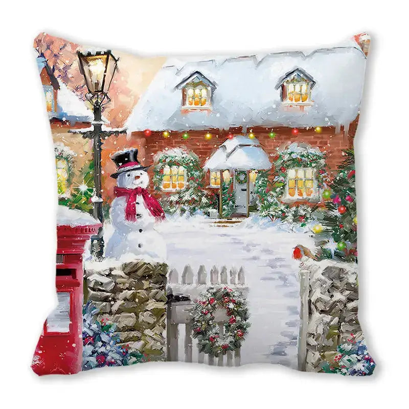 Cozy decorbites christmas short plush pillowcase 45x45cm featuring a snowman and festive snowy cottage scene