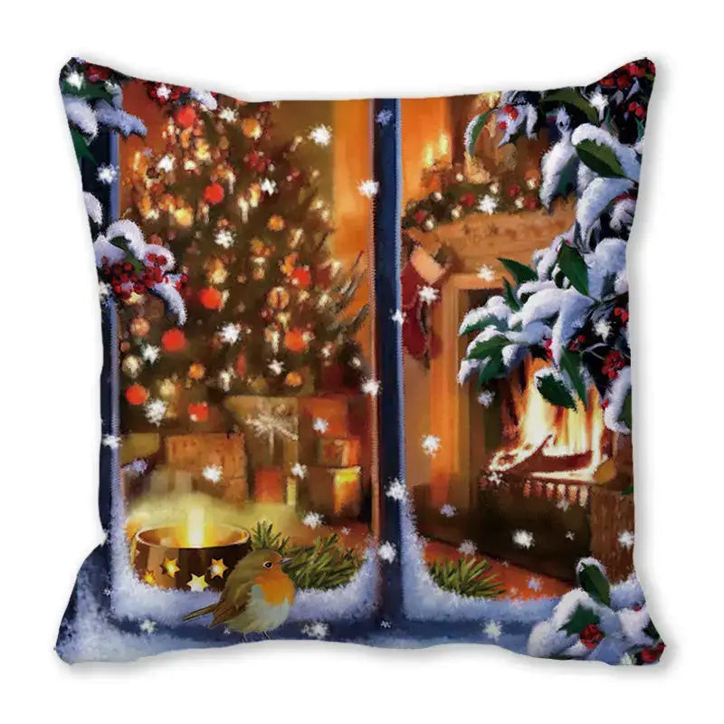Cozy DecorBites christmas short plush pillowcase 45x45cm featuring festive window scene with lit tree fireplace and snow branches