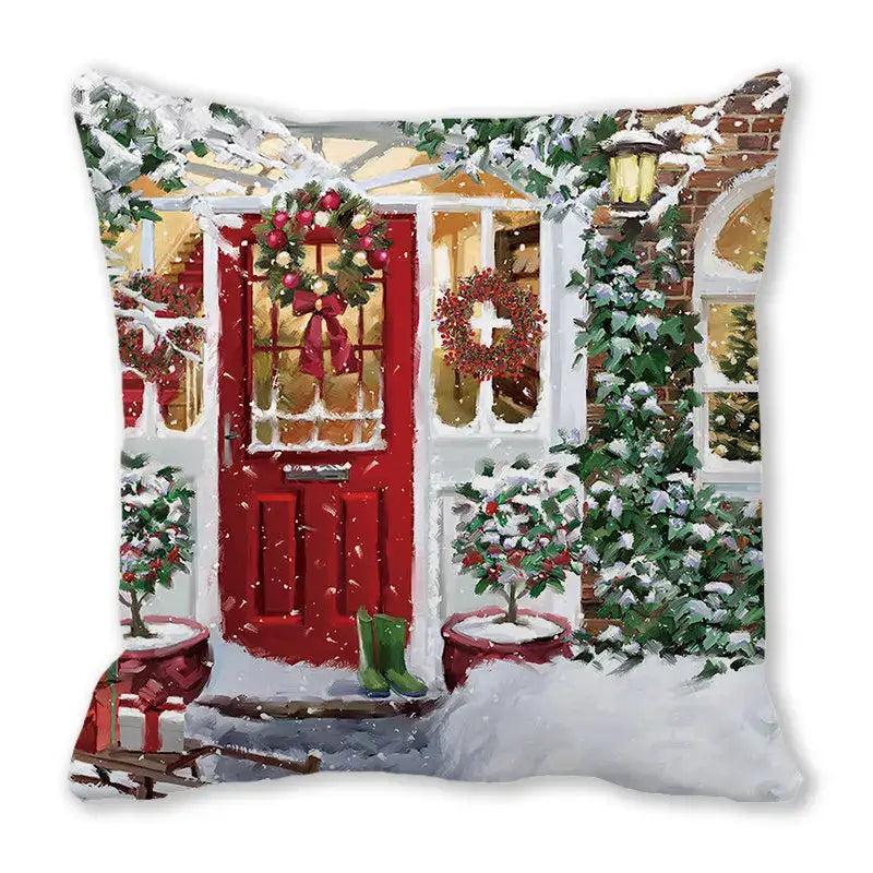 DecorBites christmas short plush pillowcase 45x45cm with festive red door and snow-dusted greenery design
