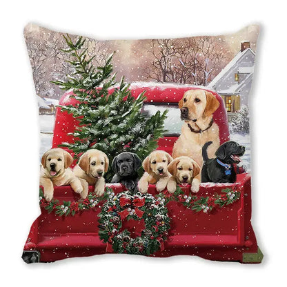 Red decorbites christmas short plush throw pillow featuring labrador retrievers in snowy truck bed with tree and wreath