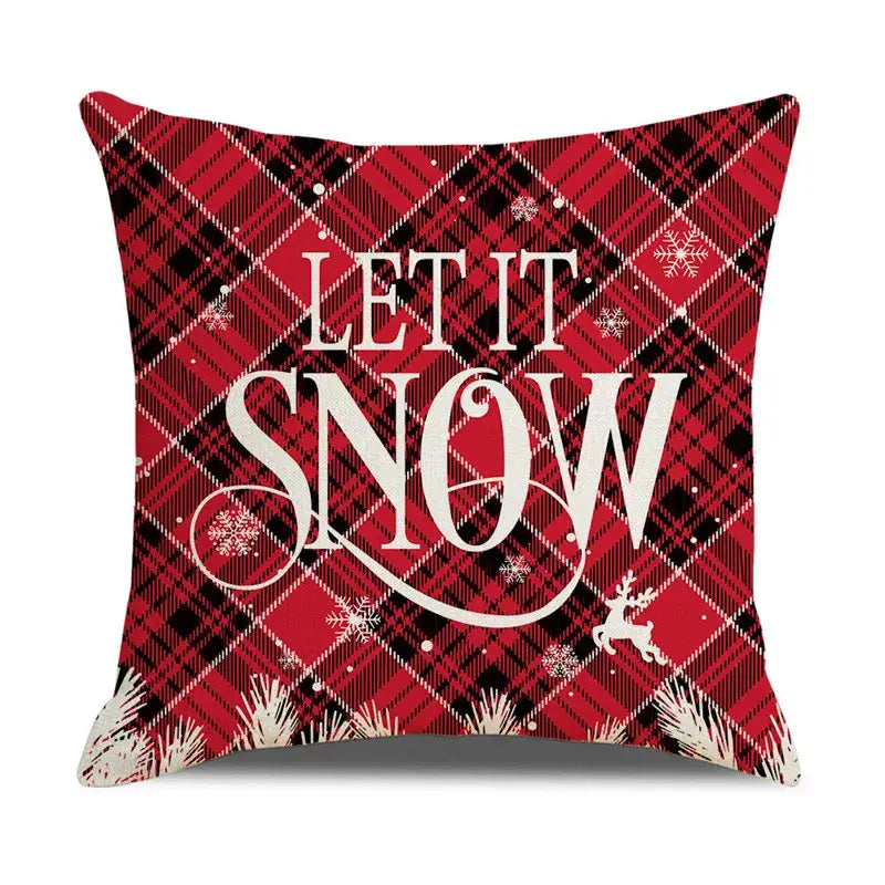 Red and black plaid pillow cover with white let it snow text and reindeer design by decorbites christmas snow elk