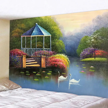 Decorbites christmas snow forest oil painting tapestry with blue-roofed gazebo and vibrant flowerbeds for bohemian decor