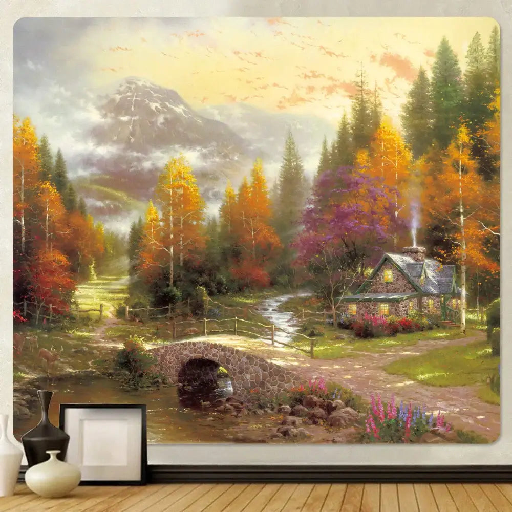 Decorbites christmas snow forest oil painting tapestry featuring autumn landscape with stone bridge and cozy cabin lights