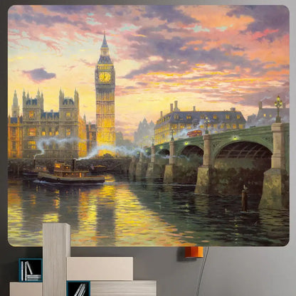 Decorbites christmas snow oil painting tapestry features a vibrant sunset mural of london big ben and westminster bridge