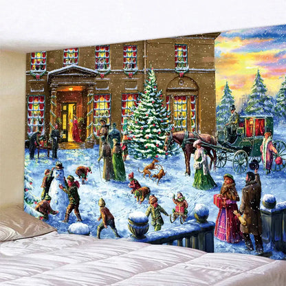 Decorbites christmas snow tapestry featuring a snowy street scene with horse carriage and decorated tree for bohemian decor