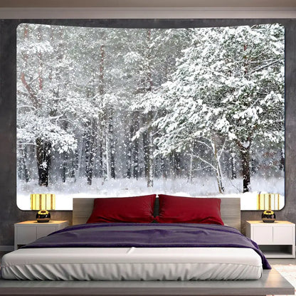 Decorbites christmas snow forest tapestry featuring a snow-covered bohemian design hanging above a bed