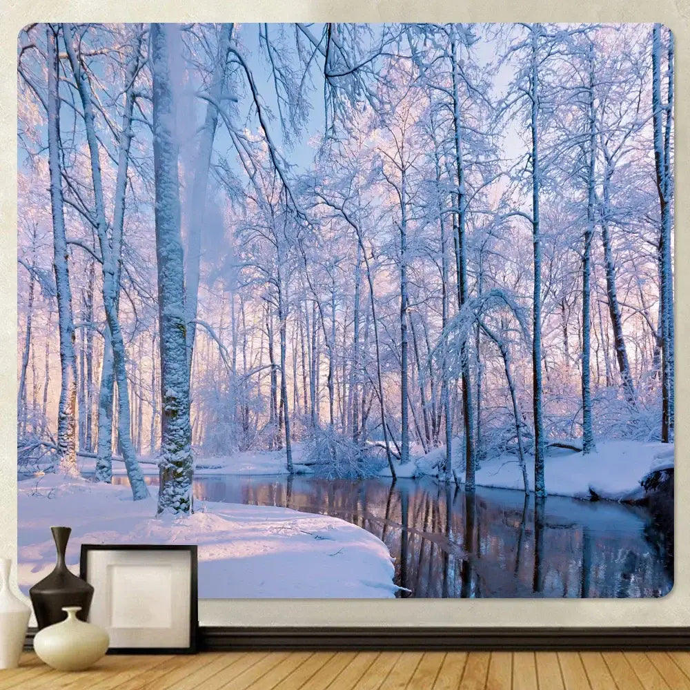 Decorbites christmas snow tapestry featuring a snow forest with icy trees and reflective river for wall decor