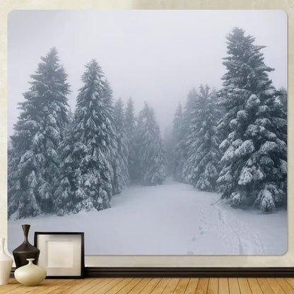 Decorbites christmas snow forest tapestry featuring a snow-covered pine tree mural for bohemian bedroom decor