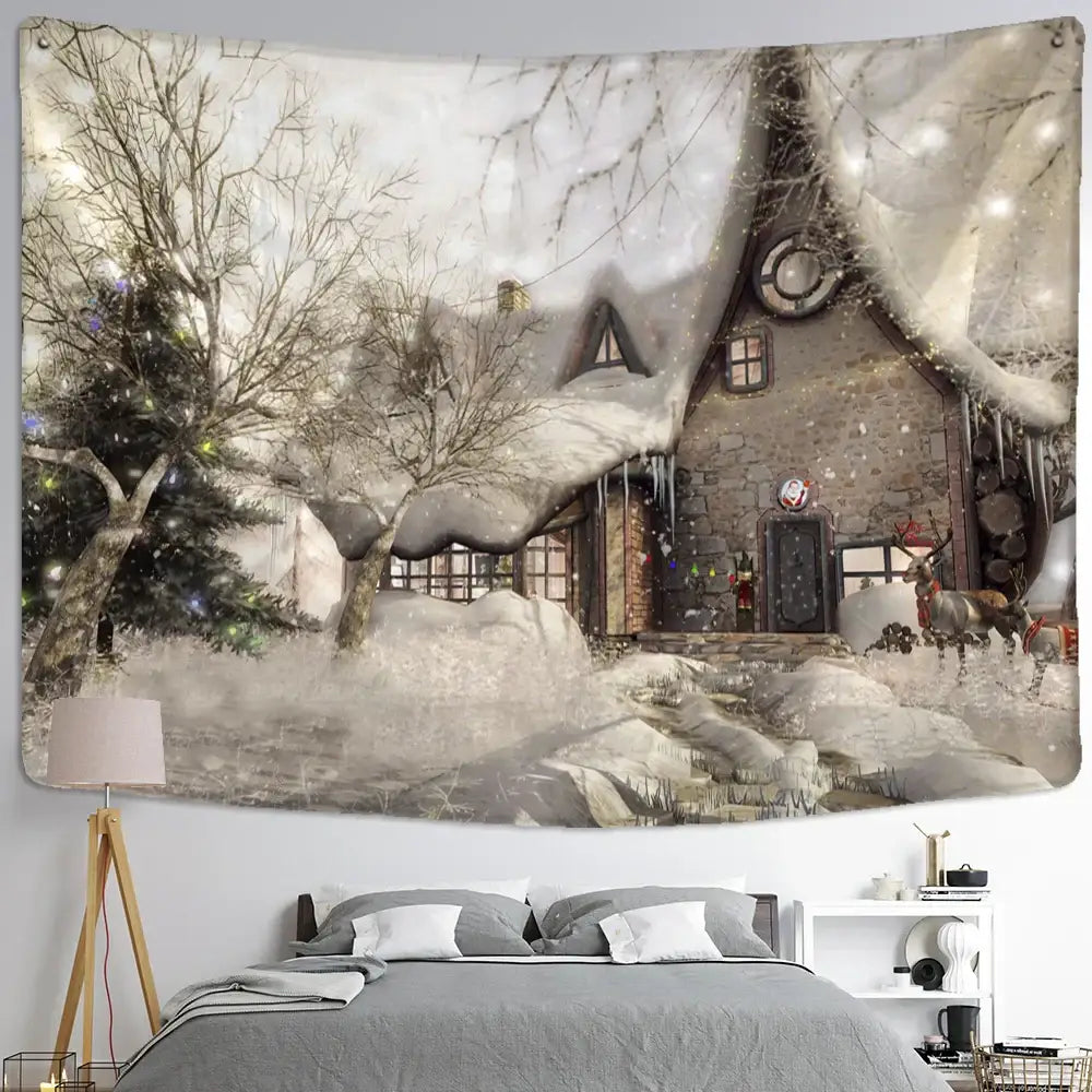 Decorbites christmas snow house tapestry wall hanging featuring a snow-covered stone cottage with festive lights and tree