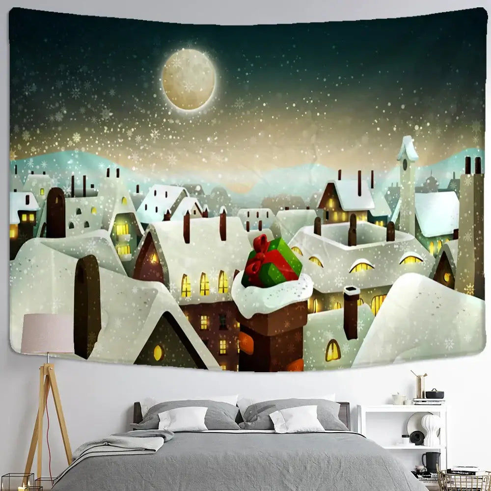 A cozy DecorBites Christmas snow tapestry featuring a snow house with glowing windows and falling snowflakes