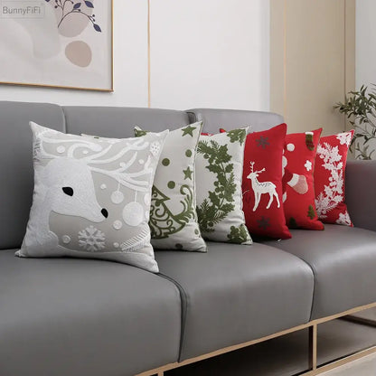 Set of five decorbites christmas snowflake embroidered cushion covers in gray green and red with snowflake deer designs