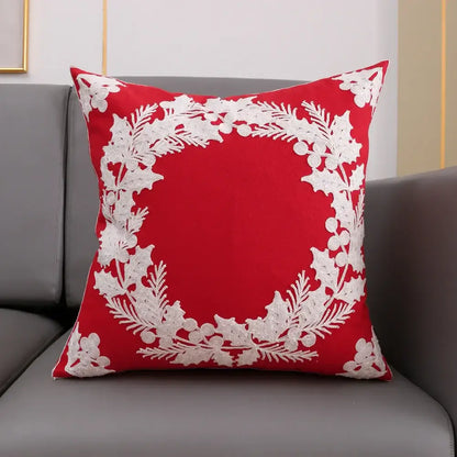 Red cushion cover with white embroidered holly and berry wreath design for decorbites christmas snowflake deer pillow