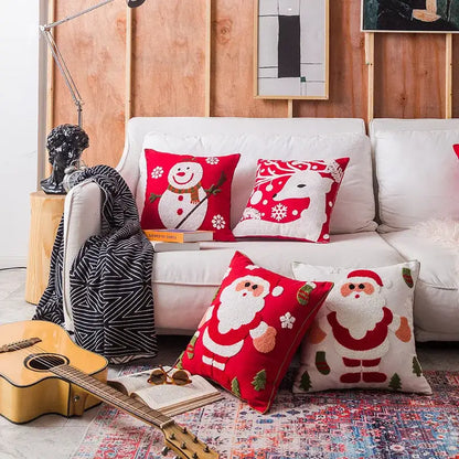 Decorbites christmas snowflake embroidered pillowcases feature red and white festive snowman reindeer and santa designs