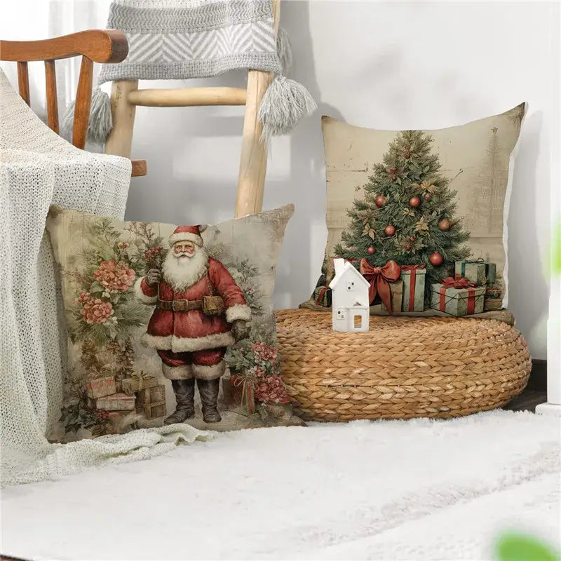 Vintage-style decorbites christmas snowman deer pillowcase with santa claus print on beige fabric for sofa decoration