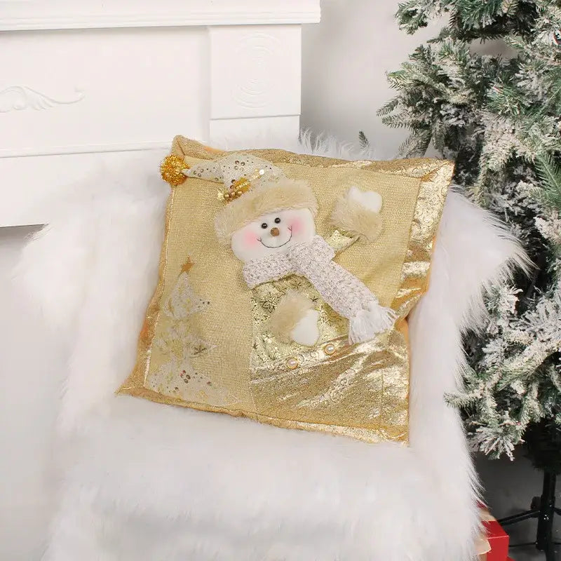 Decorbites christmas gold embroidered pillowcase featuring a gold sequined snowman with knit scarf and santa claus theme