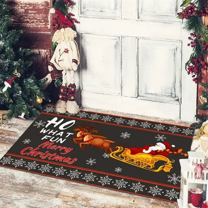 Black non-slip floor mat with red white snowflake border and golden sleigh design by DecorBites Christmas Snowman