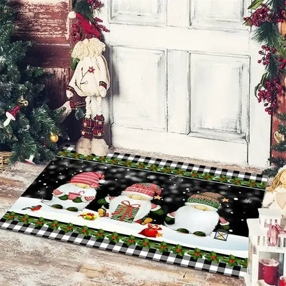 Black and white checkered decorbites christmas snowman non-slip floor mat with festive gnomes on a snowy background