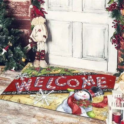 Red and white striped decorbites christmas snowman non-slip floor mat with festive snowman design for holiday decor