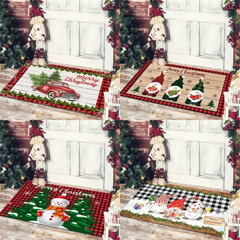 Decorbites christmas snowman non-slip floor mat featuring festive red truck gnome and snowman designs on plaid backgrounds
