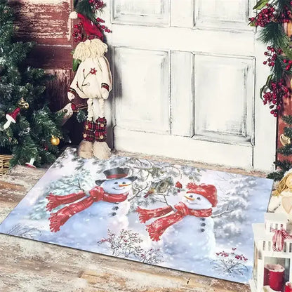 Decorbites christmas snowman non-slip floor mat with two snowmen in red scarves and hats on a snowy winter scene