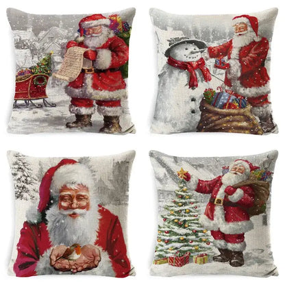 Set of four linen pillow covers featuring embroidered santa claus in red and white by decorbites christmas snowman