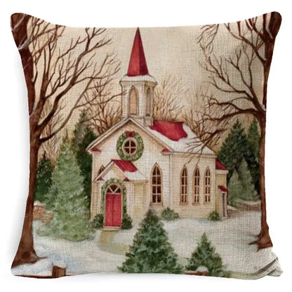 Beige linen pillow cover featuring a white church winter scene for decorbites christmas snowman santa claus decor