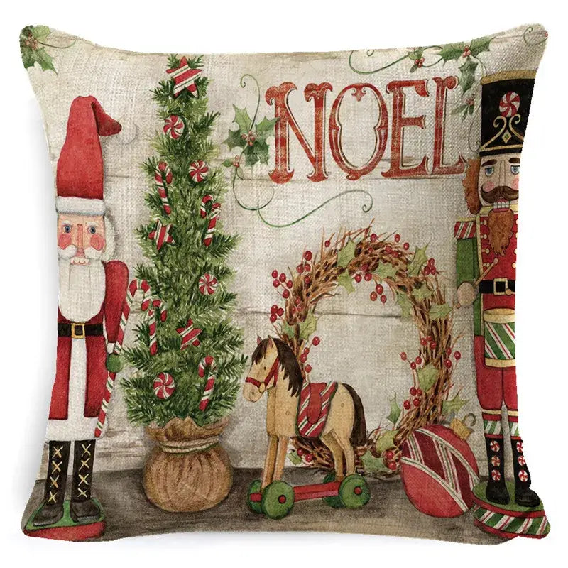 Decorbites christmas snowman pillow cover featuring santa claus nutcrackers and festive illustrations on beige linen