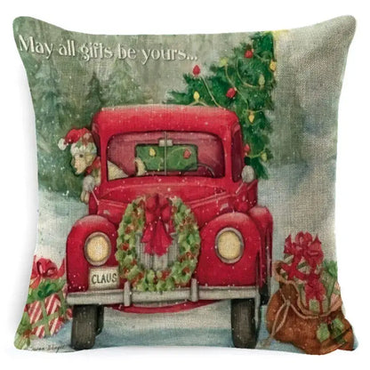 DecorBites Christmas snowman pillow cover featuring a red vintage truck, festive wreath, and santa claus design