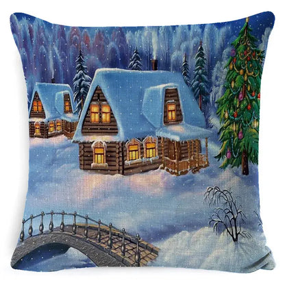 DecorBites christmas snowman pillow cover featuring santa claus and snowy log cabins for festive living room decor