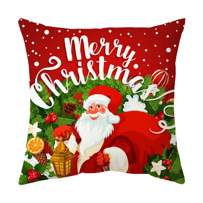 Red christmas sofa pillow cover by decorbites featuring santa claus with holly pinecones and festive ornaments design