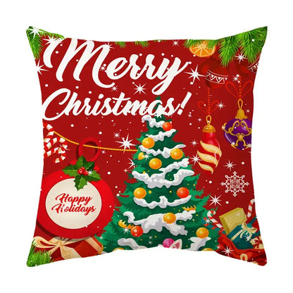 Red christmas-themed decorbites christmas sofa pillow cover featuring a green tree candy canes and merry christmas text