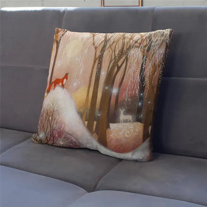 DecorBites christmas soft plush cushion cover with whimsical winter forest fox and deer on soft fabric 45x45cm