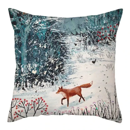 Square decorbites christmas soft cushion cover featuring a red fox in a snowy forest with teal trees and pink blossoms