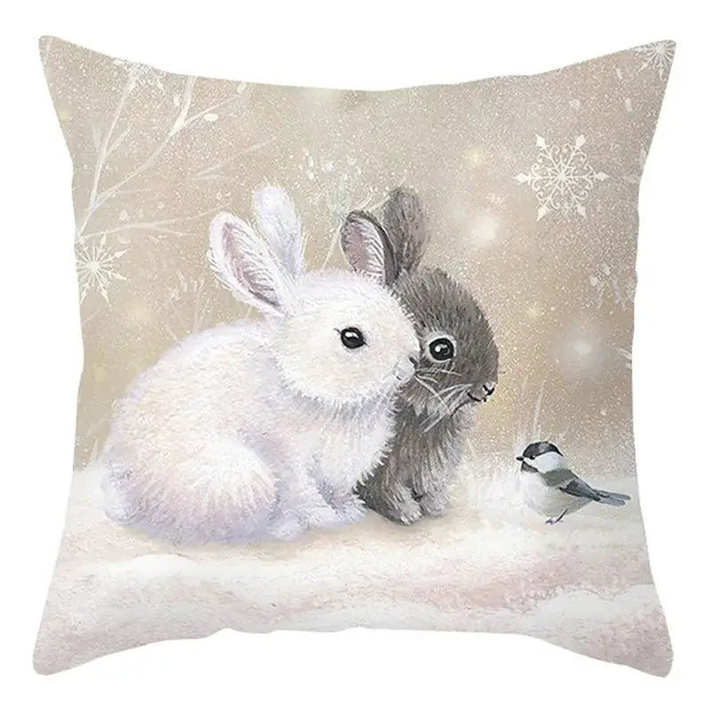 Beige decorbites christmas soft plush cushion cover featuring a charming rabbit and bird winter scene 45x45cm