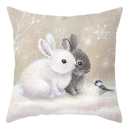 Beige decorbites christmas soft plush cushion cover featuring a charming rabbit and bird winter scene 45x45cm