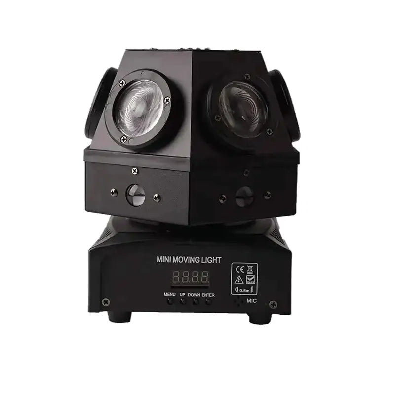 Black mini moving light with two circular led lenses and digital display panel for decorbites christmas stage lights beam