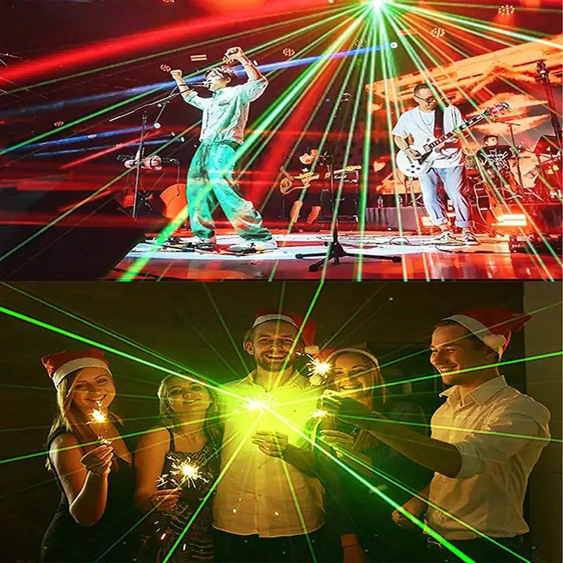 A vibrant green decorbites christmas stage light beam illuminates a live band and festive crowd with santa hats