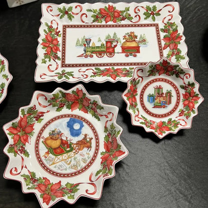 Set of three festive ceramic serving dishes with holiday train and sleigh scenes by decorbites christmas tableware