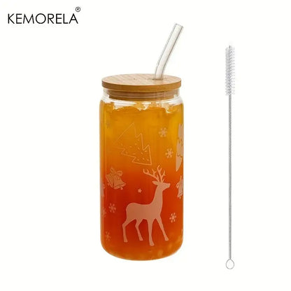 Decorbites christmas glass beer tumbler with wooden lid etched christmas deer design filled with orange beverage