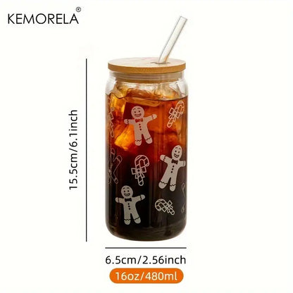 Decorbites christmas clear glass beer can mug with gingerbread decals bamboo lid and clear straw for festive use
