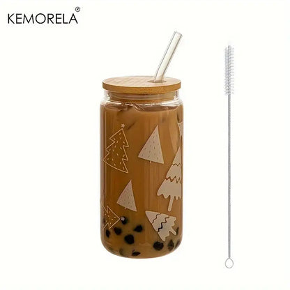 Decorbites Christmas glass beer can mug with bamboo lid and straw featuring frosted Xmas tree decals on glass surface